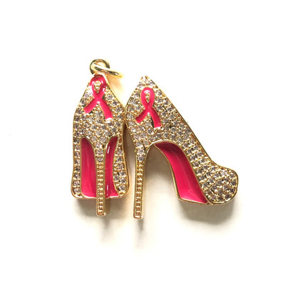 10pcs/lot CZ Pave Pink Ribbon High Heels Charms - Breast Cancer Awareness Gold CZ Paved Charms Breast Cancer Awareness High Heels New Charms Arrivals Charms Beads Beyond