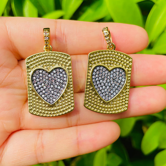5pcs/lot 37*19mm CZ Pave Heart Rectangle Plate Charm Pendants - Gold & Gunmetal Plated CZ Paved Charms Hearts On Sale Charms Beads Beyond