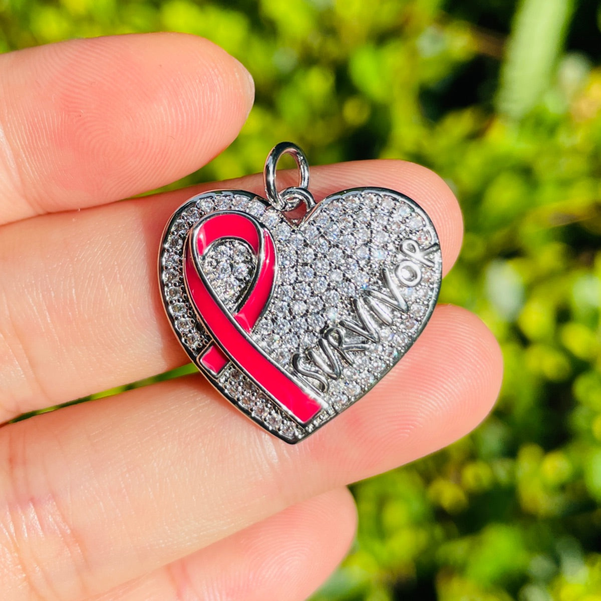 10pcs/lot CZ Pave Pink Ribbon Heart Survivor Word Charms - Breast Cancer Awareness Silver CZ Paved Charms Breast Cancer Awareness Hearts New Charms Arrivals Charms Beads Beyond