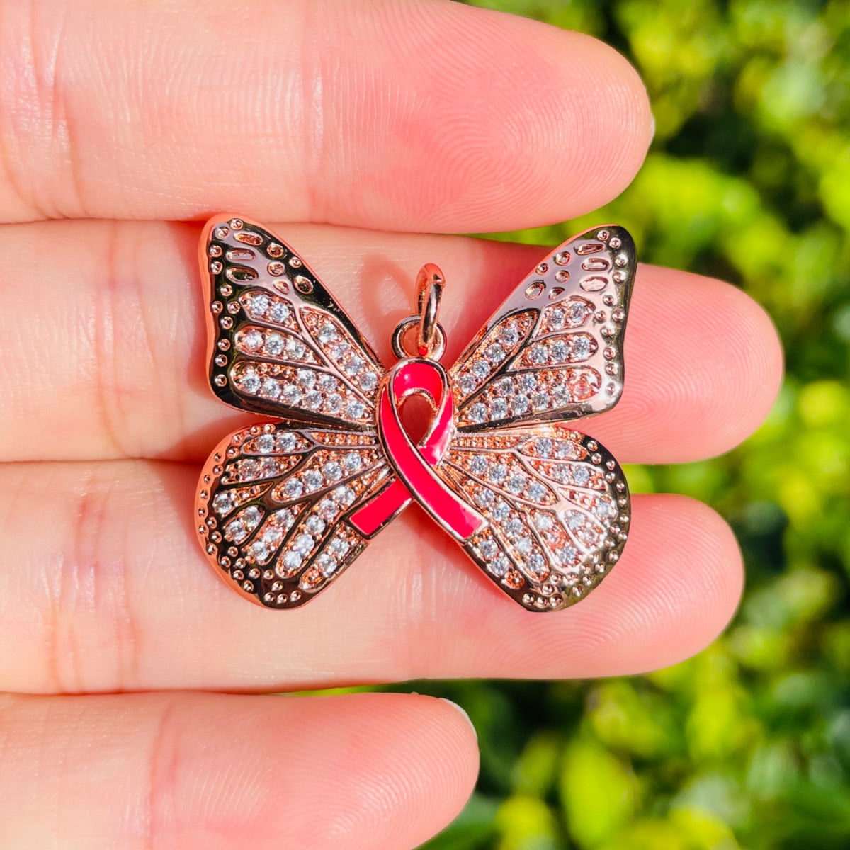 10pcs/lot CZ Pave Pink Ribbon Butterfly Charms - Breast Cancer Awareness Rose Gold CZ Paved Charms Breast Cancer Awareness Butterflies New Charms Arrivals Charms Beads Beyond