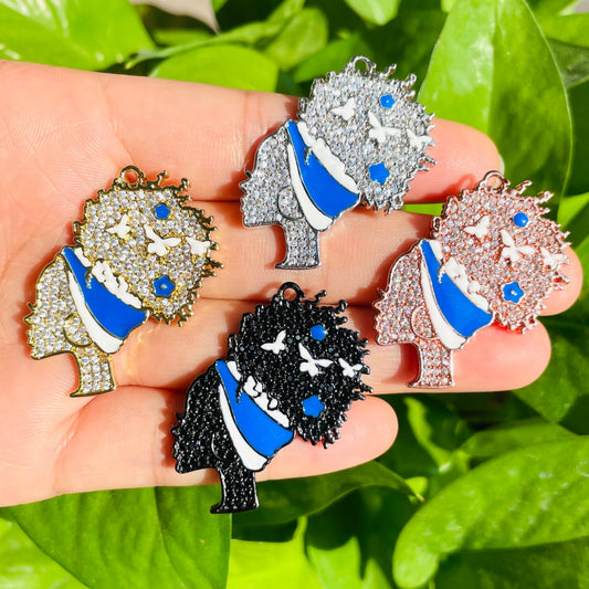 10pcs/lot 36*31mm CZ Pave Afro Girl With Blue & White Headband Charms Mix Colors CZ Paved Charms Afro Girl/Queen Charms Charms Beads Beyond