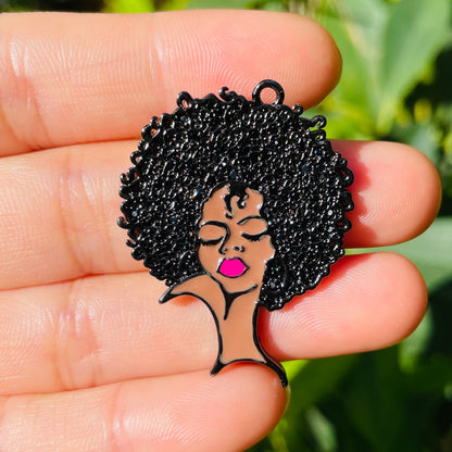 10pcs/lot 37*28.5mm CZ Pave Afro Black Girl Charms Black on Black CZ Paved Charms Afro Girl/Queen Charms New Charms Arrivals Charms Beads Beyond