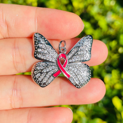 10pcs/lot CZ Pave Pink Ribbon Butterfly Charms - Breast Cancer Awareness Silver CZ Paved Charms Breast Cancer Awareness Butterflies New Charms Arrivals Charms Beads Beyond