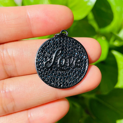 10pcs/lot 25mm CZ Pave Round Plate LOVE Quote Charms Black on Black CZ Paved Charms Christian Quotes Discs On Sale Charms Beads Beyond