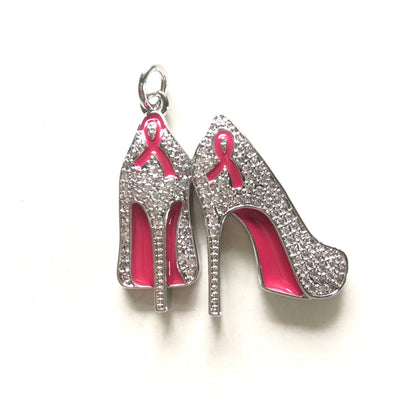 10pcs/lot CZ Pave Pink Ribbon High Heels Charms - Breast Cancer Awareness Silver CZ Paved Charms Breast Cancer Awareness High Heels New Charms Arrivals Charms Beads Beyond