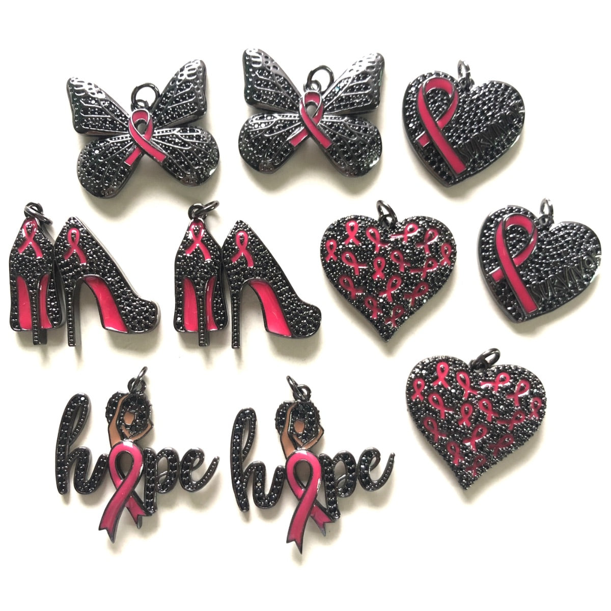 10pcs/lot CZ Pave Pink Ribbon Heart High Heel Butterfly Hope Word Breast Cancer Awareness Charms Bundle Black on Black Set CZ Paved Charms Breast Cancer Awareness Mix Charms New Charms Arrivals Charms Beads Beyond