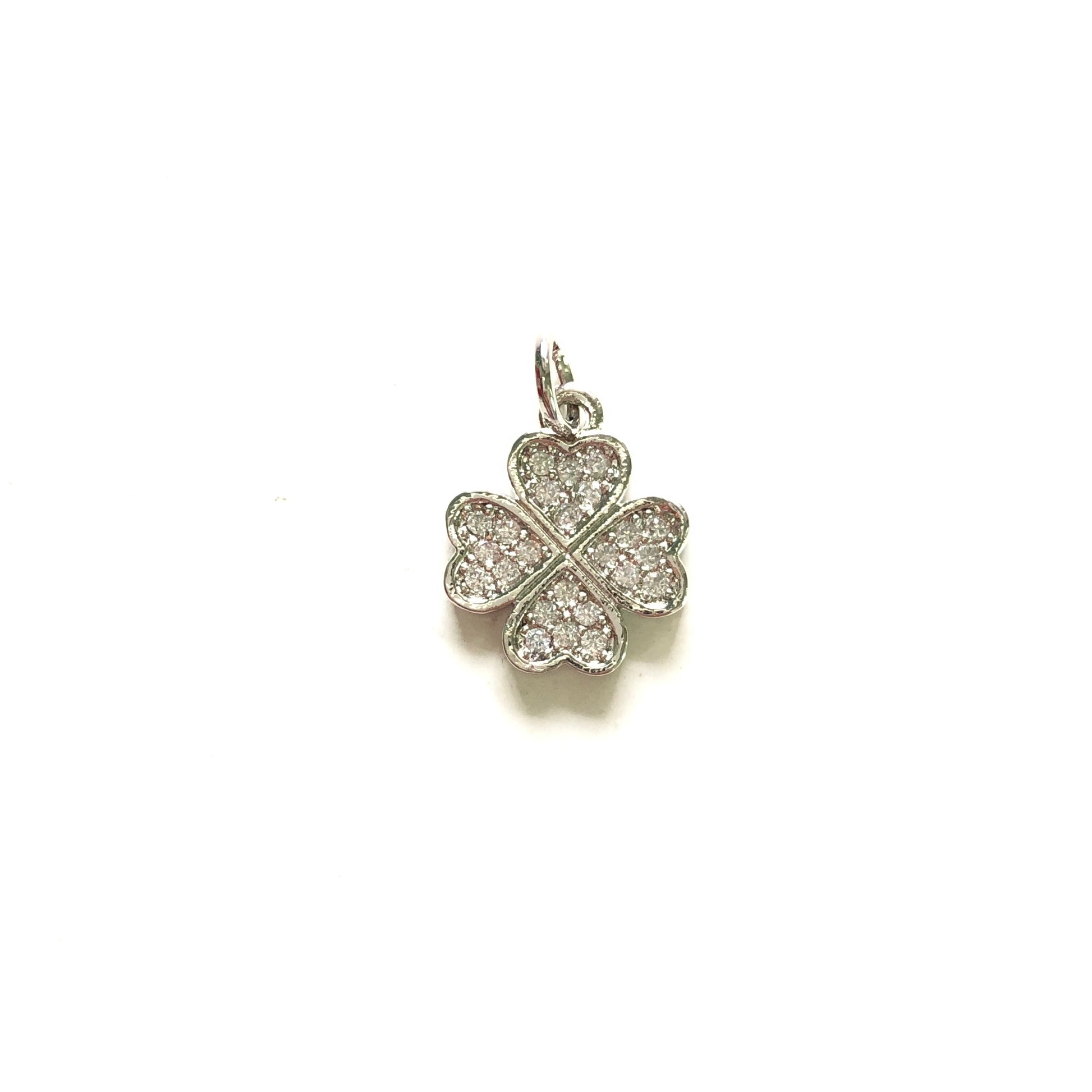 10pcs/lot 14*12mm Small Size CZ Pave Four Leaf Clover Charms Silver CZ Paved Charms Flowers Small Sizes Charms Beads Beyond