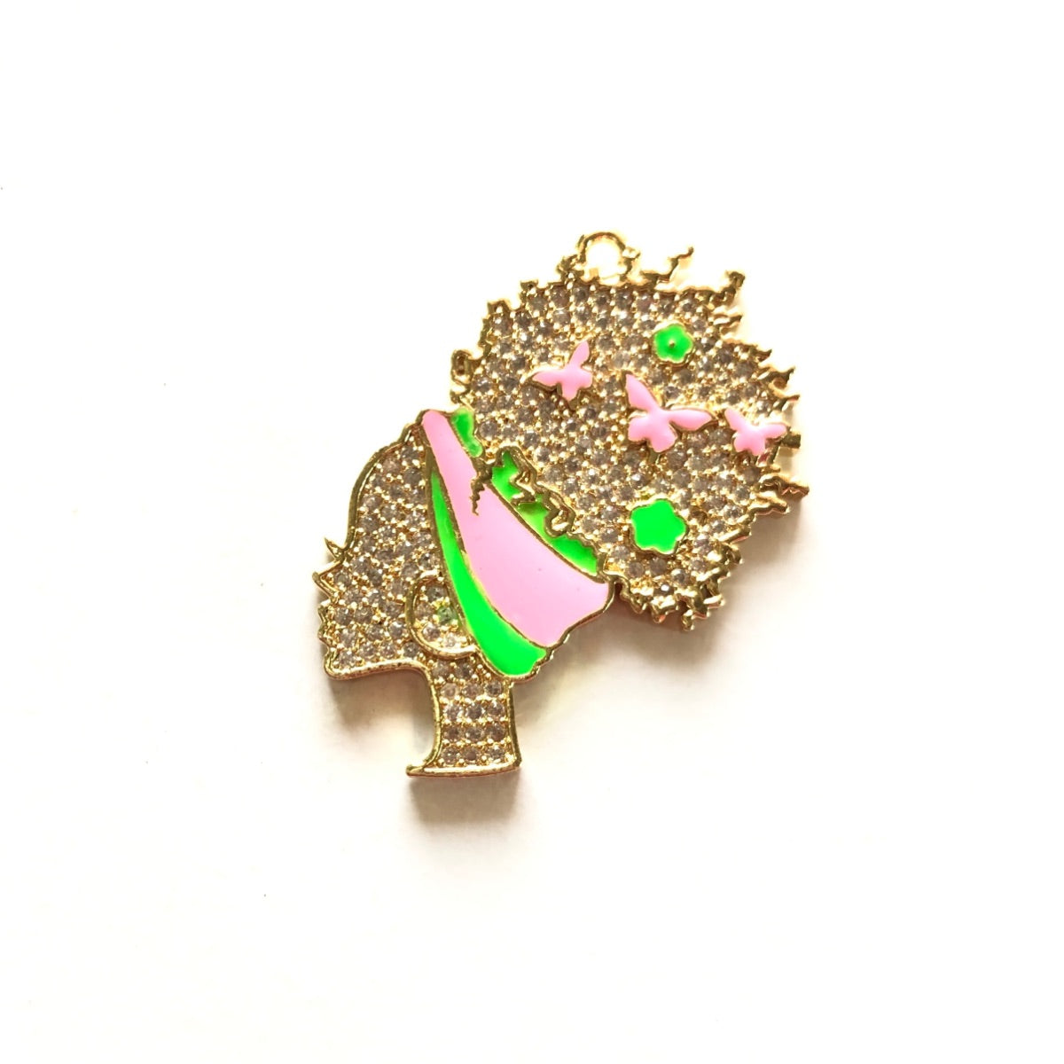 10pcs/lot 36*31mm CZ Pave Afro Girl With Pink & Green Headband Charms Gold CZ Paved Charms Afro Girl/Queen Charms Charms Beads Beyond