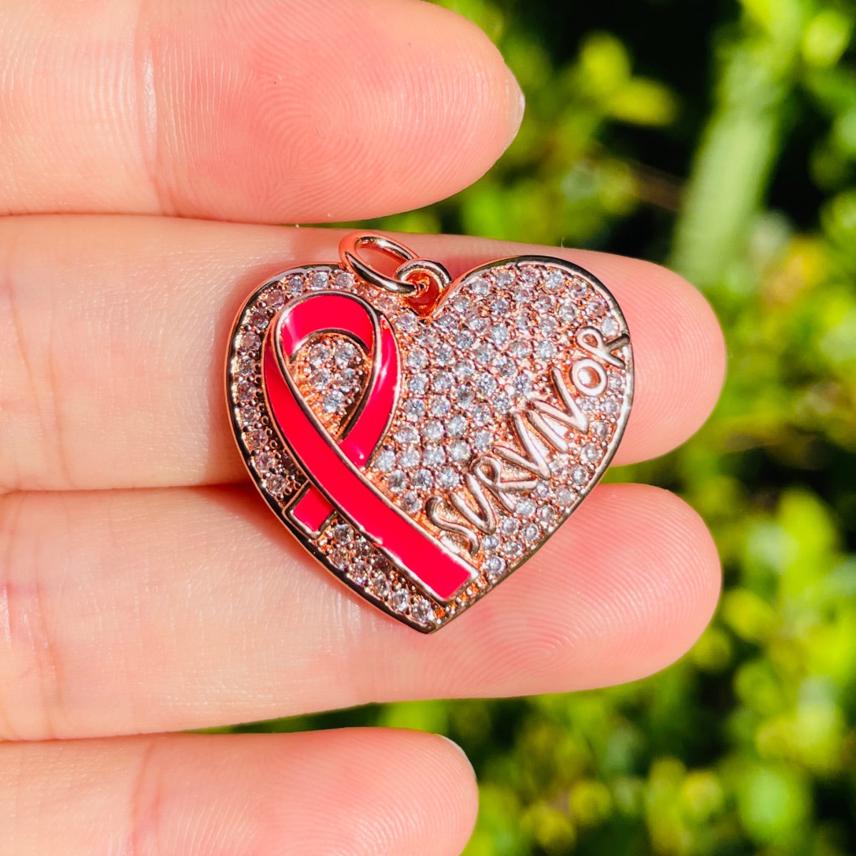 10pcs/lot CZ Pave Pink Ribbon Heart Survivor Word Charms - Breast Cancer Awareness Rose Gold CZ Paved Charms Breast Cancer Awareness Hearts New Charms Arrivals Charms Beads Beyond