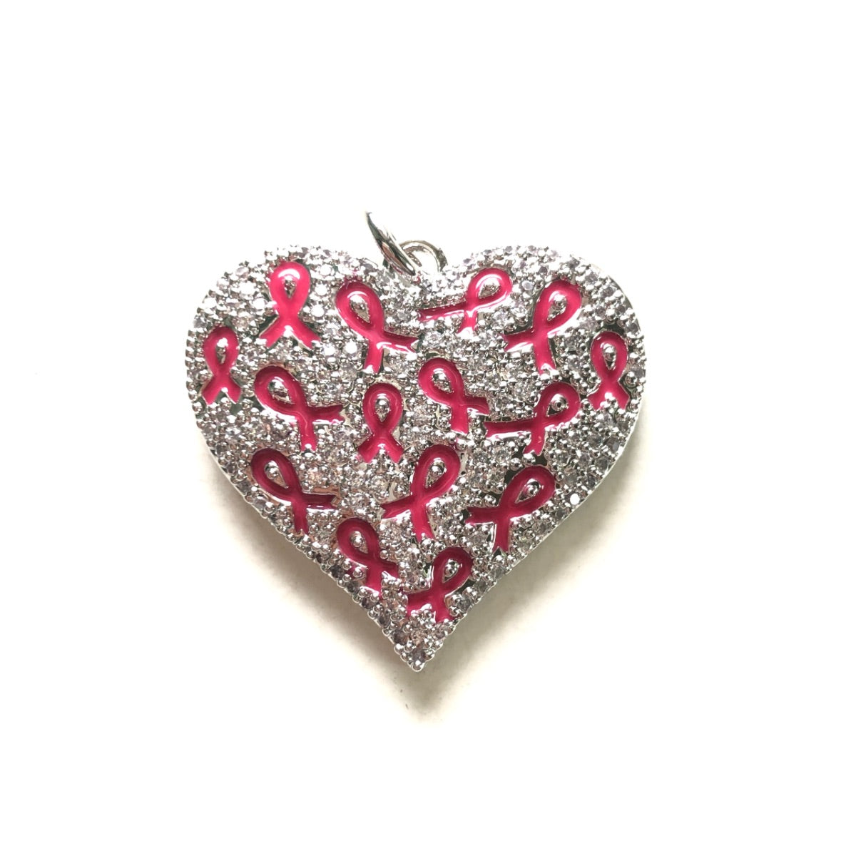 10pcs/lot CZ Pave Pink Ribbon Heart Charms - Breast Cancer Awareness Silver CZ Paved Charms Breast Cancer Awareness Hearts New Charms Arrivals Charms Beads Beyond