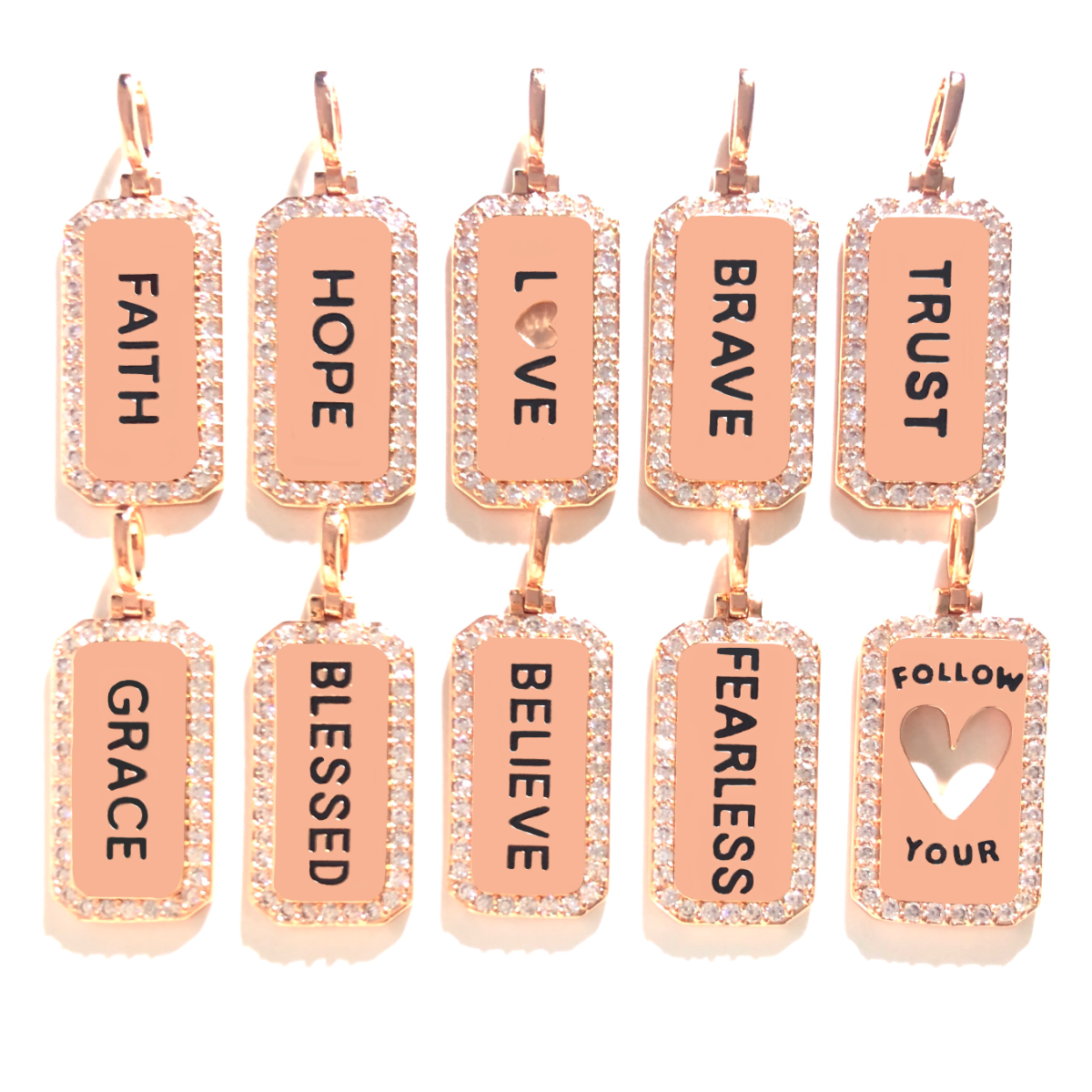 10pcs/lot CZ Paved Faith Hope Love Brave Trust Grace Blessed Believe Fearless Follow Your Heart Word Tags Charms Bundles Rose Gold CZ Paved Charms Christian Quotes Mix Charms New Charms Arrivals Word Tags Charms Beads Beyond
