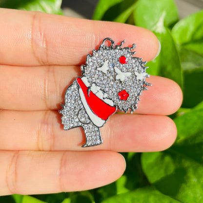 10pcs/lot 36*31mm CZ Pave Afro Girl With Red & White Headband Charms Silver CZ Paved Charms Afro Girl/Queen Charms Charms Beads Beyond