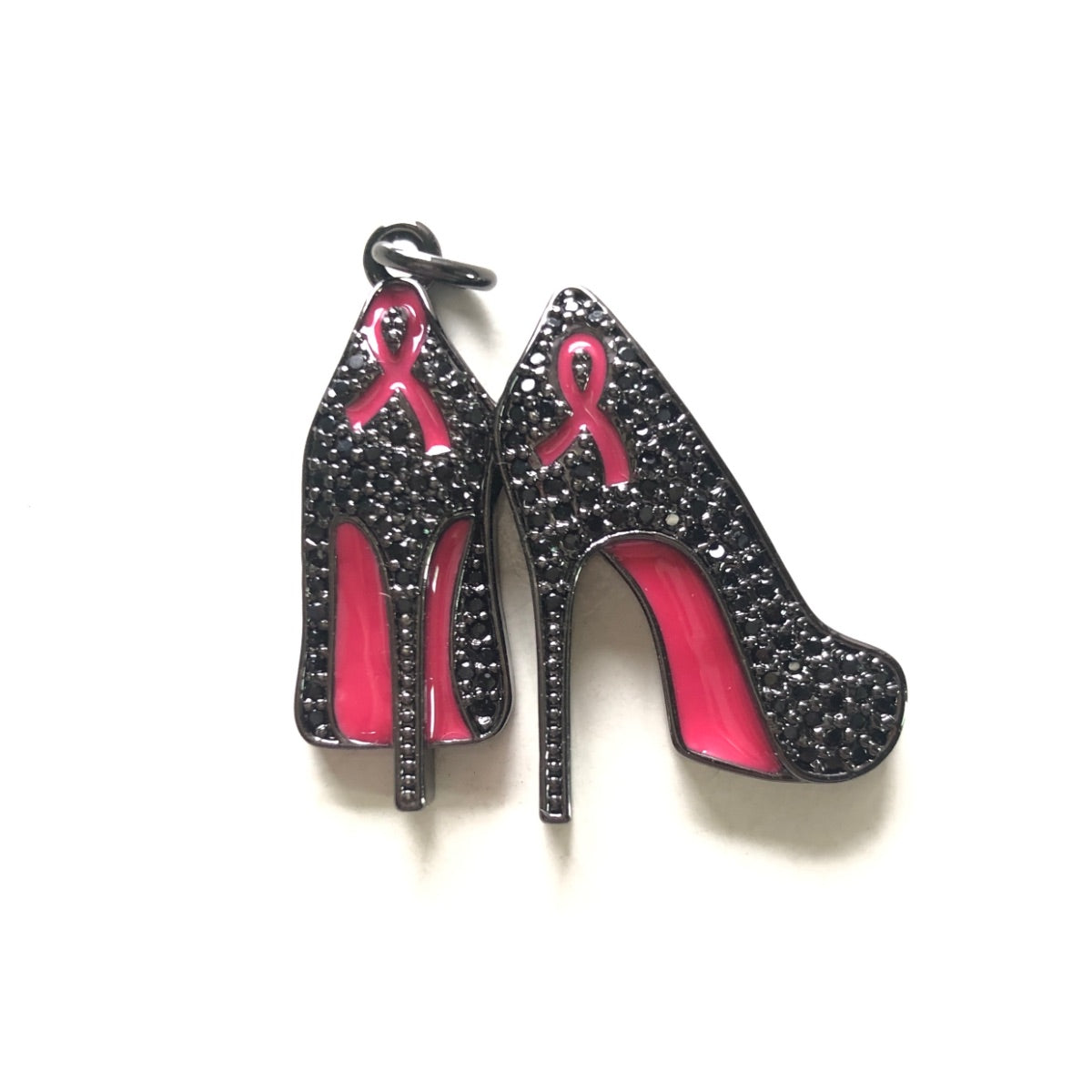 10pcs/lot CZ Pave Pink Ribbon High Heels Charms - Breast Cancer Awareness Black on Black CZ Paved Charms Breast Cancer Awareness High Heels New Charms Arrivals Charms Beads Beyond