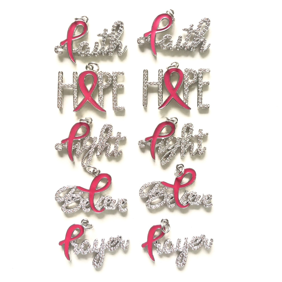 10pcs/lot CZ Pave Pink Ribbon Faith Hope Fight Brave Prayer Breast Cancer Awareness Word Charms Bundle Silver Set CZ Paved Charms Breast Cancer Awareness Mix Charms New Charms Arrivals Charms Beads Beyond