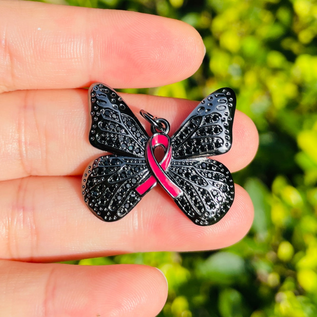 10pcs/lot CZ Pave Pink Ribbon Butterfly Charms - Breast Cancer Awareness Black on Black CZ Paved Charms Breast Cancer Awareness Butterflies New Charms Arrivals Charms Beads Beyond