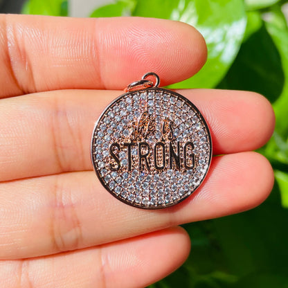 10pcs/lot 25mm CZ Pave Round Plate SHE IS STRONG Quote Charms Rose Gold CZ Paved Charms Christian Quotes Discs On Sale Charms Beads Beyond