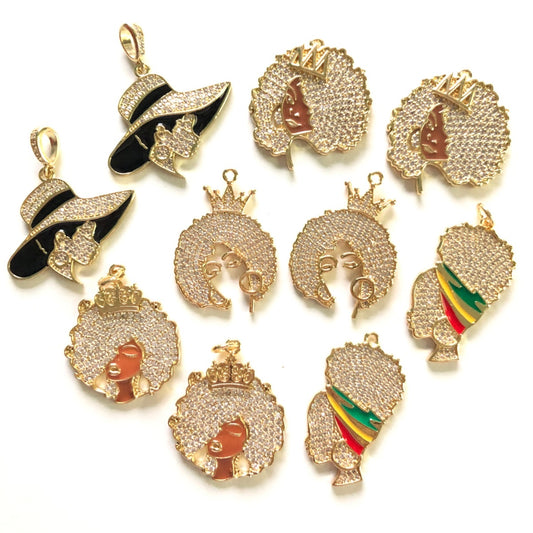 10pcs/lot Mix CZ Pave Afro Black Girl Charms Bundle 1-Gold CZ Paved Charms Afro Girl/Queen Charms Mix Charms Charms Beads Beyond