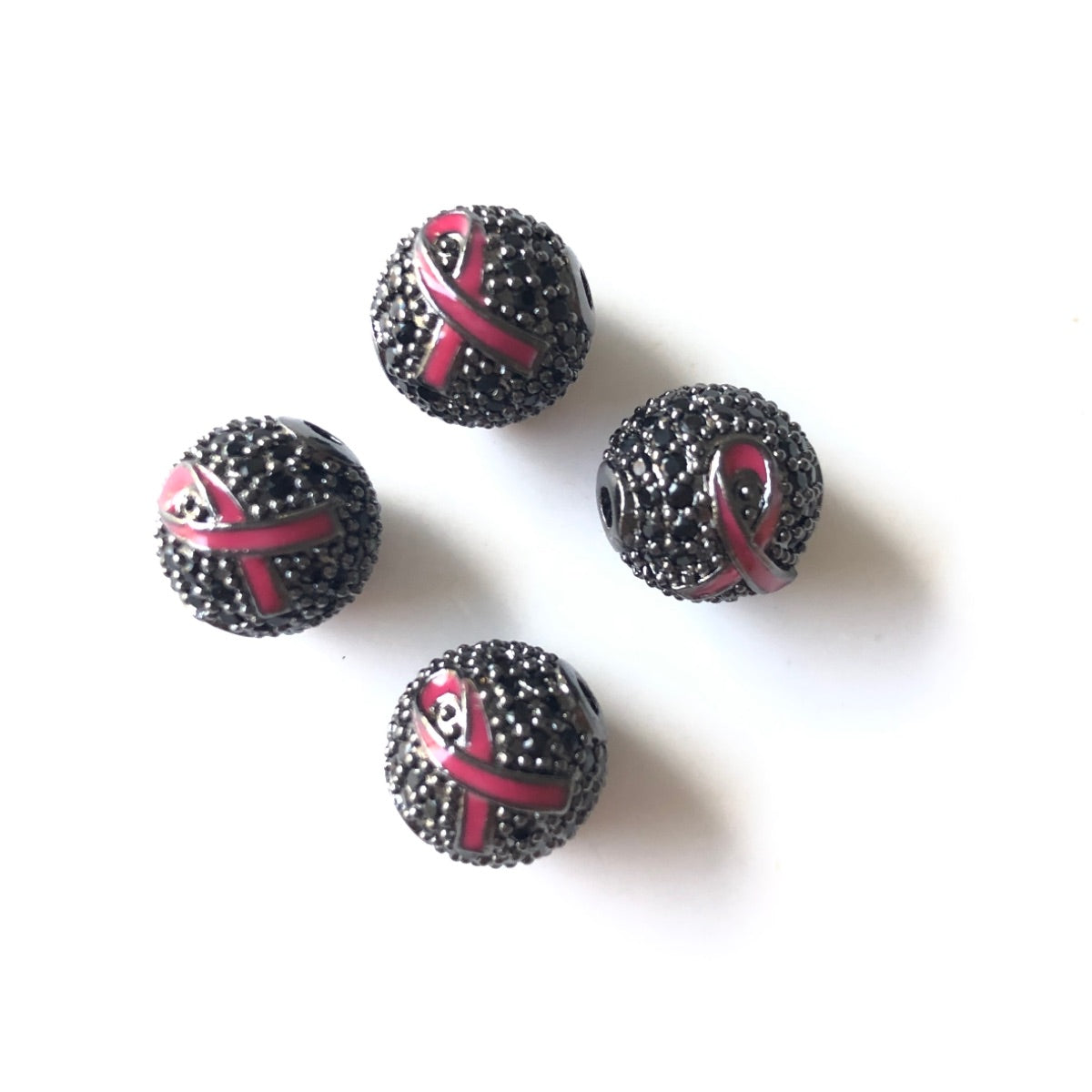 10-20-50pcs/lot 10mm CZ Paved Breast Cancer Awareness Pink Ribbon Ball Spacers Beads Black on Black CZ Paved Spacers 10mm Beads Ball Beads Breast Cancer Awareness New Spacers Arrivals Charms Beads Beyond