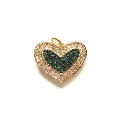 5pcs/lot 20.7*16.5mm CZ Paved Fuchsia & Green Heart Charm Pendants Green on Gold CZ Paved Charms Colorful Zirconia Hearts Charms Beads Beyond