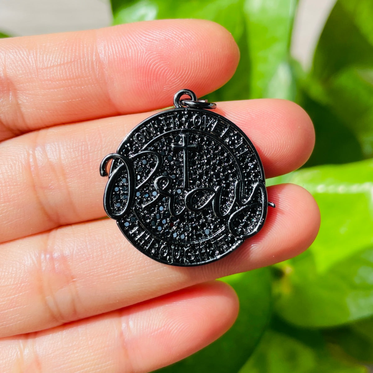 10pcs/lot 28mm CZ Pave Round Plate PRAY ON IT OVER IT THROUGH IT Quote Charms Black on Black CZ Paved Charms Christian Quotes Discs On Sale Charms Beads Beyond