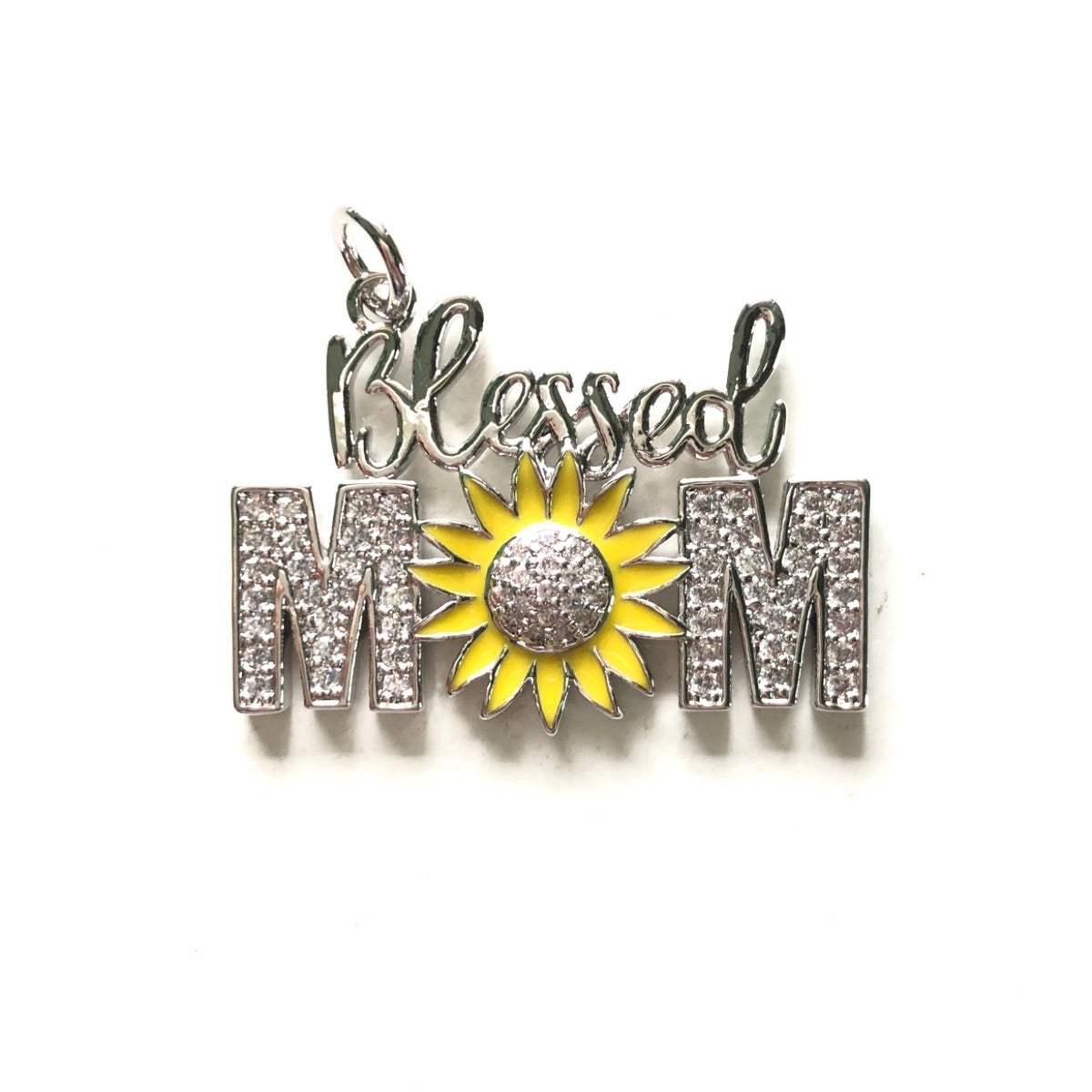 10pcs/lot 32*23mm CZ Pave Sunflower Blessed Mom Charms Silver CZ Paved Charms Mother's Day Words & Quotes Charms Beads Beyond
