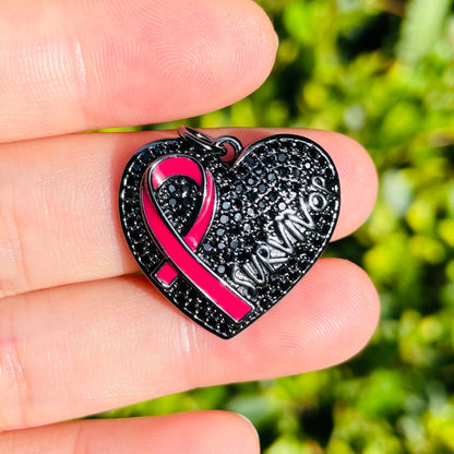 10pcs/lot CZ Pave Pink Ribbon Heart Survivor Word Charms - Breast Cancer Awareness Black on Black CZ Paved Charms Breast Cancer Awareness Hearts New Charms Arrivals Charms Beads Beyond