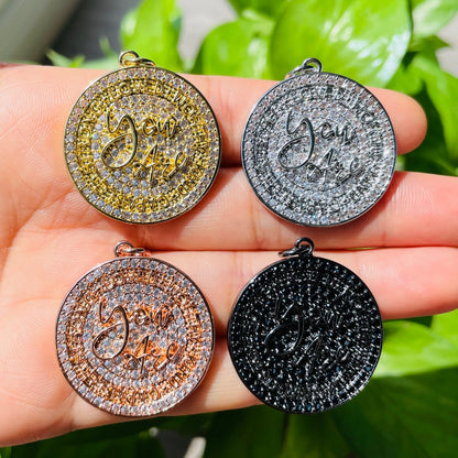 10pcs/lot 28mm CZ Pave Round Plate YOU ARE LOVED WORTHY KIND CAPABLE STRONG Quote Charms Mix Colors CZ Paved Charms Discs On Sale Charms Beads Beyond