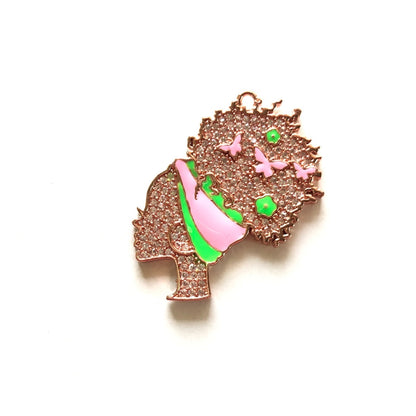 10pcs/lot 36*31mm CZ Pave Afro Girl With Pink & Green Headband Charms Rose Gold CZ Paved Charms Afro Girl/Queen Charms Charms Beads Beyond