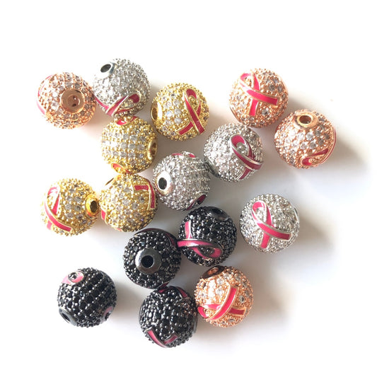 10-20-50pcs/lot 10mm CZ Paved Breast Cancer Awareness Pink Ribbon Ball Spacers Beads Mix Colors CZ Paved Spacers 10mm Beads Ball Beads Breast Cancer Awareness New Spacers Arrivals Charms Beads Beyond