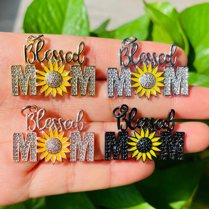 10pcs/lot 32*23mm CZ Pave Sunflower Blessed Mom Charms Mix Colors CZ Paved Charms Mother's Day Words & Quotes Charms Beads Beyond
