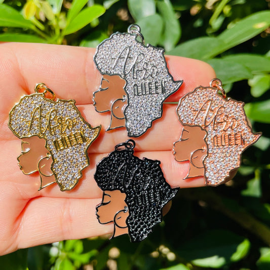 10pcs/lot 35*28mm CZ Paved Afro Queen Girl with Africa Map Hair Charms Mix Colors CZ Paved Charms Afro Girl/Queen Charms New Charms Arrivals Charms Beads Beyond