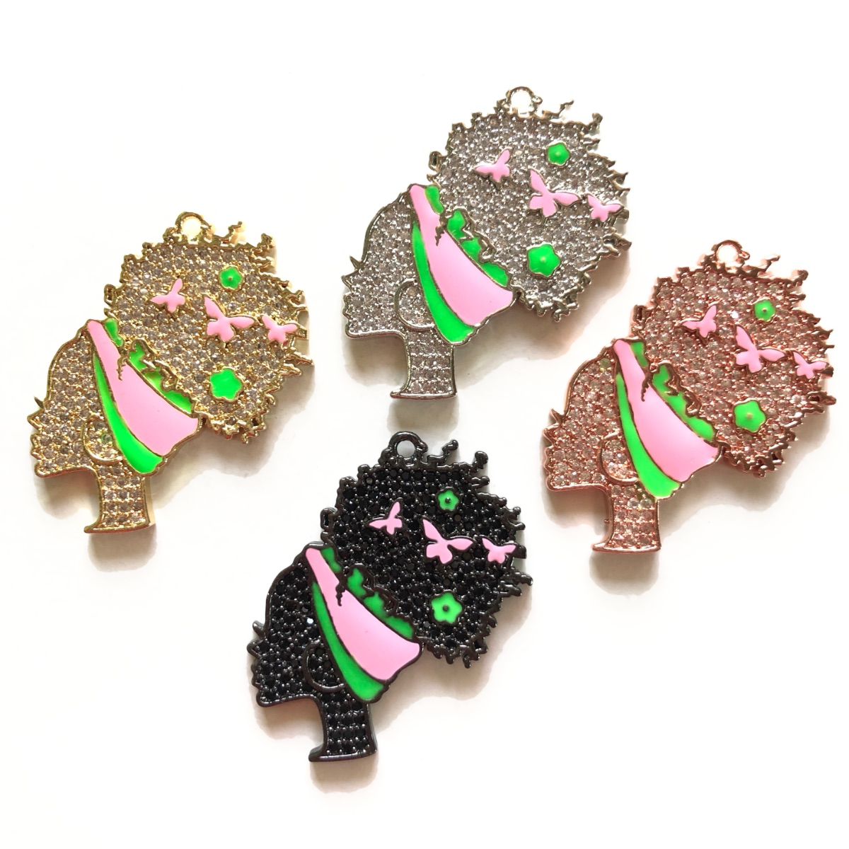 10pcs/lot 36*31mm CZ Pave Afro Girl With Pink & Green Headband Charms CZ Paved Charms Afro Girl/Queen Charms Charms Beads Beyond