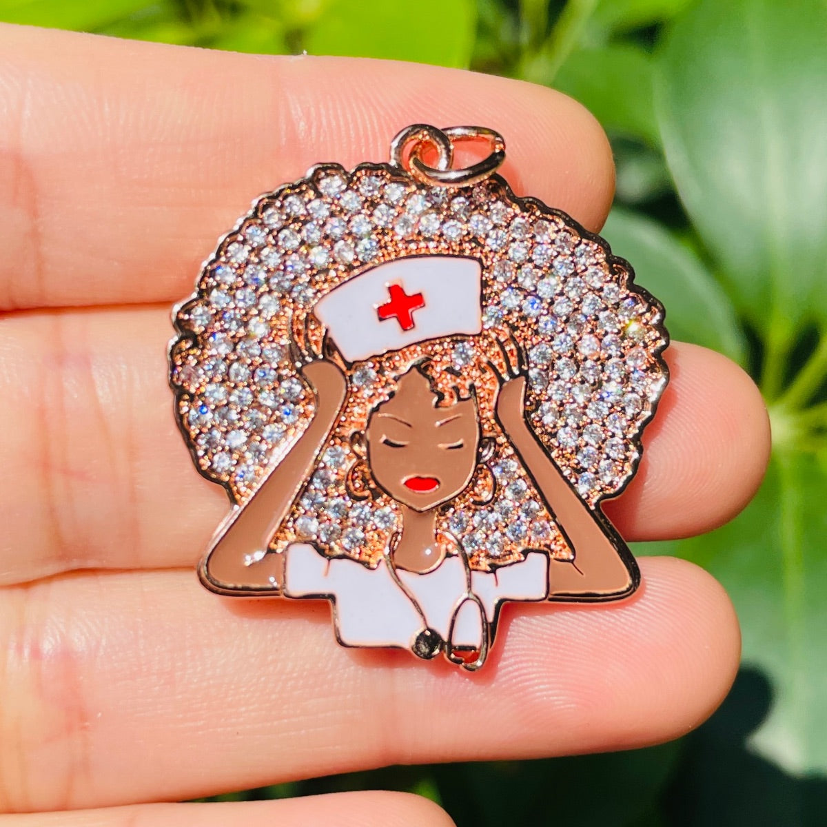 10pcs/lot 31*33mm CZ Paved Black Nurse Afro Girl Charms Rose Gold CZ Paved Charms Afro Girl/Queen Charms New Charms Arrivals Nurse Inspired Charms Beads Beyond