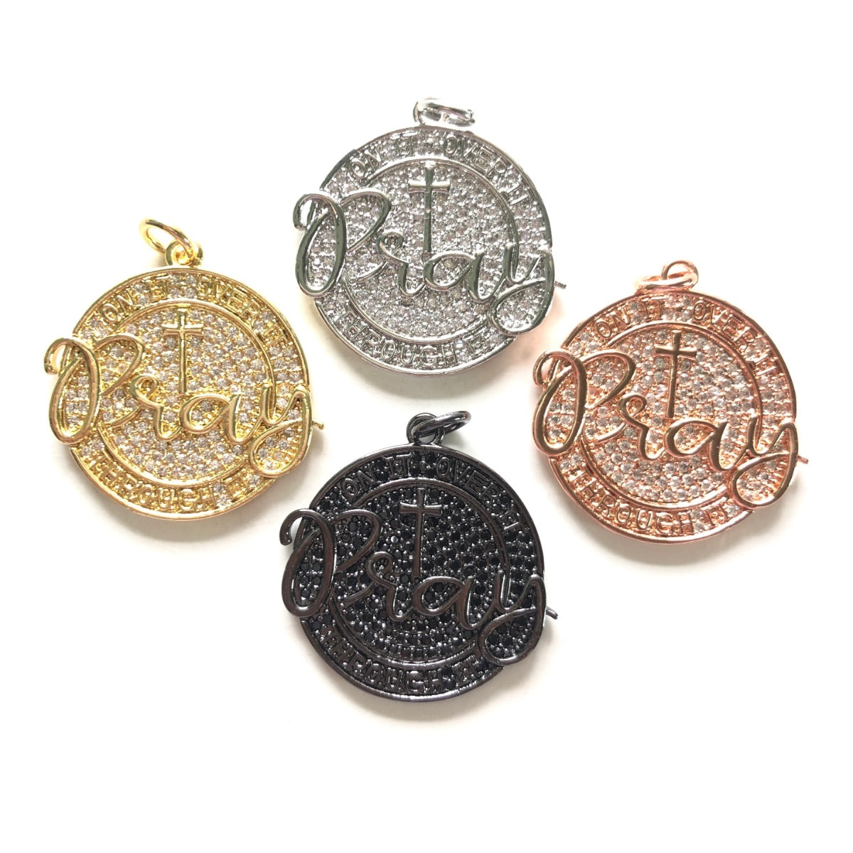 10pcs/lot 28mm CZ Pave Round Plate PRAY ON IT OVER IT THROUGH IT Quote Charms CZ Paved Charms Christian Quotes Discs On Sale Charms Beads Beyond