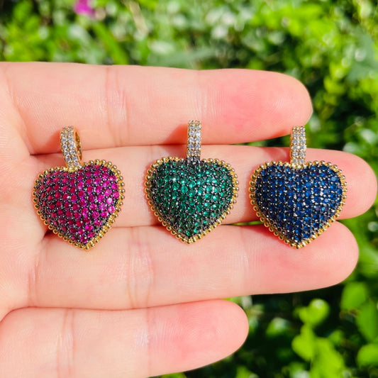 5pcs/lot 25*19mm Fuchsia Blue Green CZ Paved Heart Charm Pendants Mix Colors CZ Paved Charms Colorful Zirconia Hearts New Charms Arrivals Charms Beads Beyond