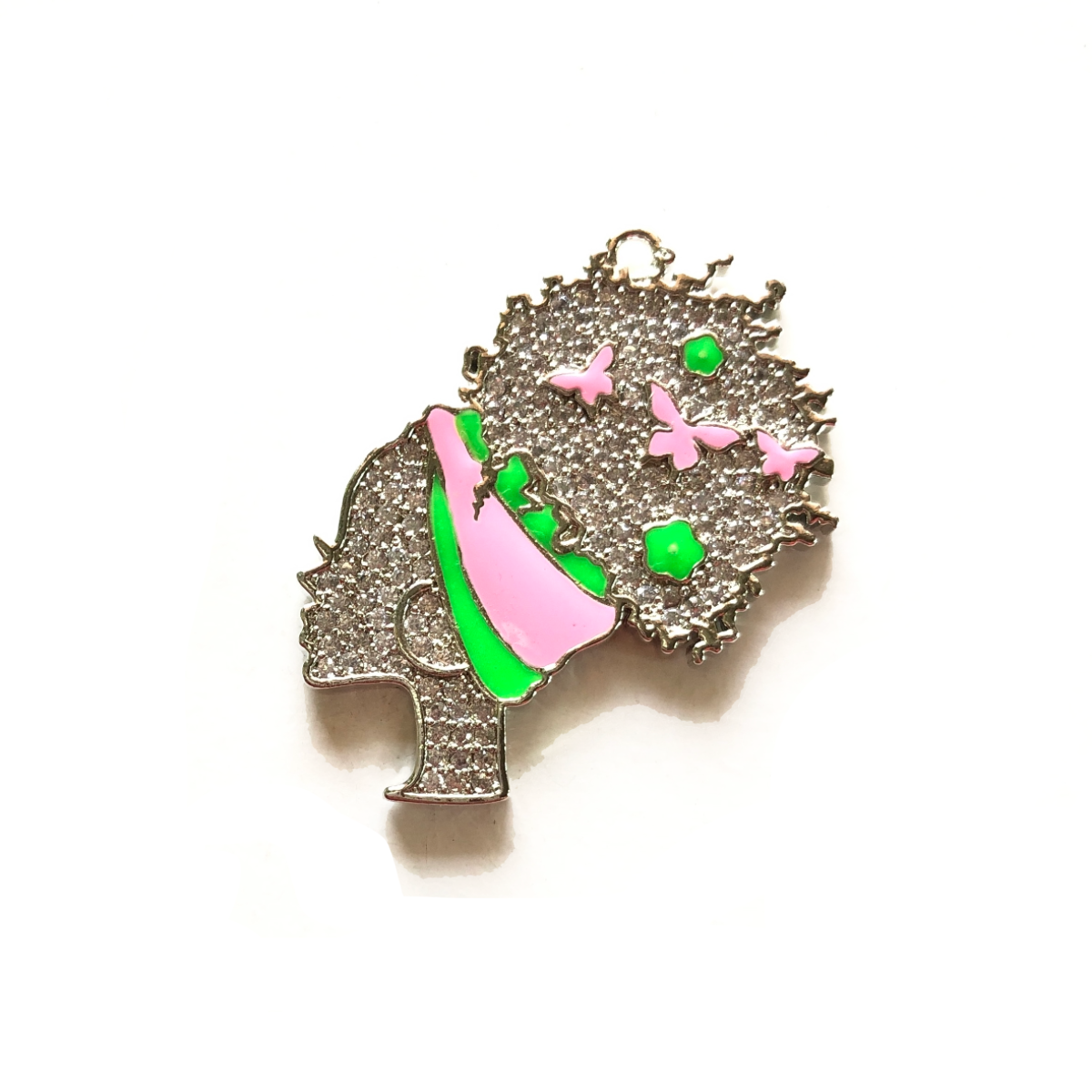 10pcs/lot 36*31mm CZ Pave Afro Girl With Pink & Green Headband Charms Silver CZ Paved Charms Afro Girl/Queen Charms Charms Beads Beyond