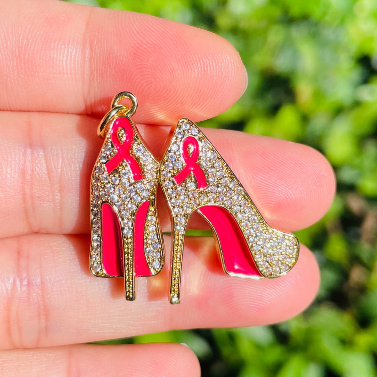 10pcs/lot CZ Pave Pink Ribbon High Heels Charms - Breast Cancer Awareness CZ Paved Charms Breast Cancer Awareness High Heels New Charms Arrivals Charms Beads Beyond