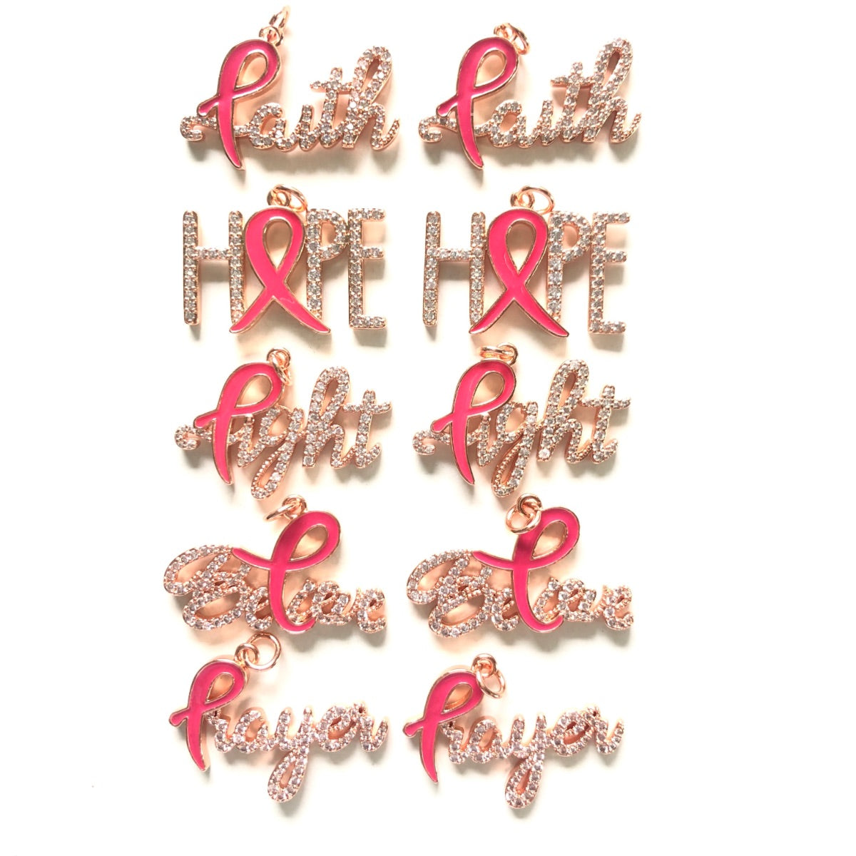 10pcs/lot CZ Pave Pink Ribbon Faith Hope Fight Brave Prayer Breast Cancer Awareness Word Charms Bundle Rose Gold Set CZ Paved Charms Breast Cancer Awareness Mix Charms New Charms Arrivals Charms Beads Beyond