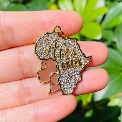 10pcs/lot 35*28mm CZ Paved Afro Queen Girl with Africa Map Hair Charms Gold CZ Paved Charms Afro Girl/Queen Charms New Charms Arrivals Charms Beads Beyond