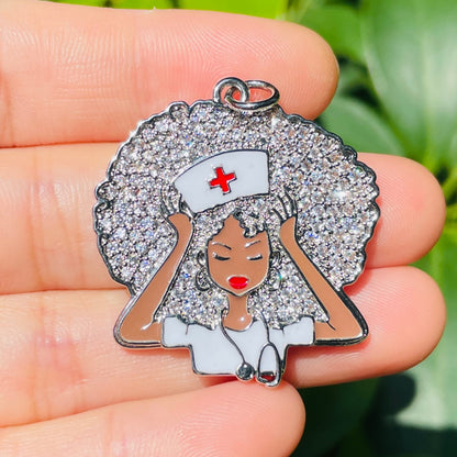 10pcs/lot 31*33mm CZ Paved Black Nurse Afro Girl Charms Silver CZ Paved Charms Afro Girl/Queen Charms New Charms Arrivals Nurse Inspired Charms Beads Beyond