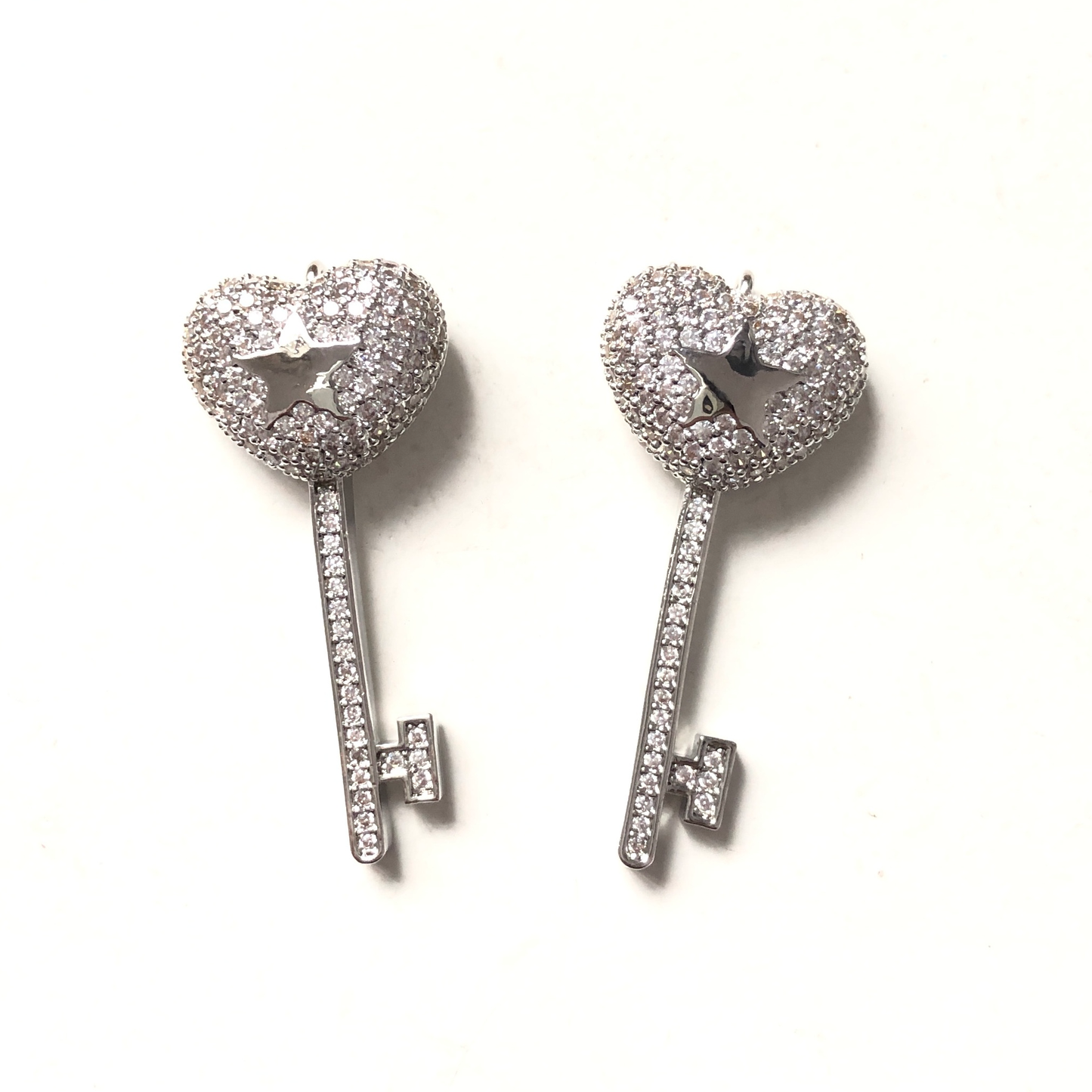 10pcs/lot 38*16mm CZ Paved Heart Key Charms Clear on Silver CZ Paved Charms Keys & Locks Charms Beads Beyond