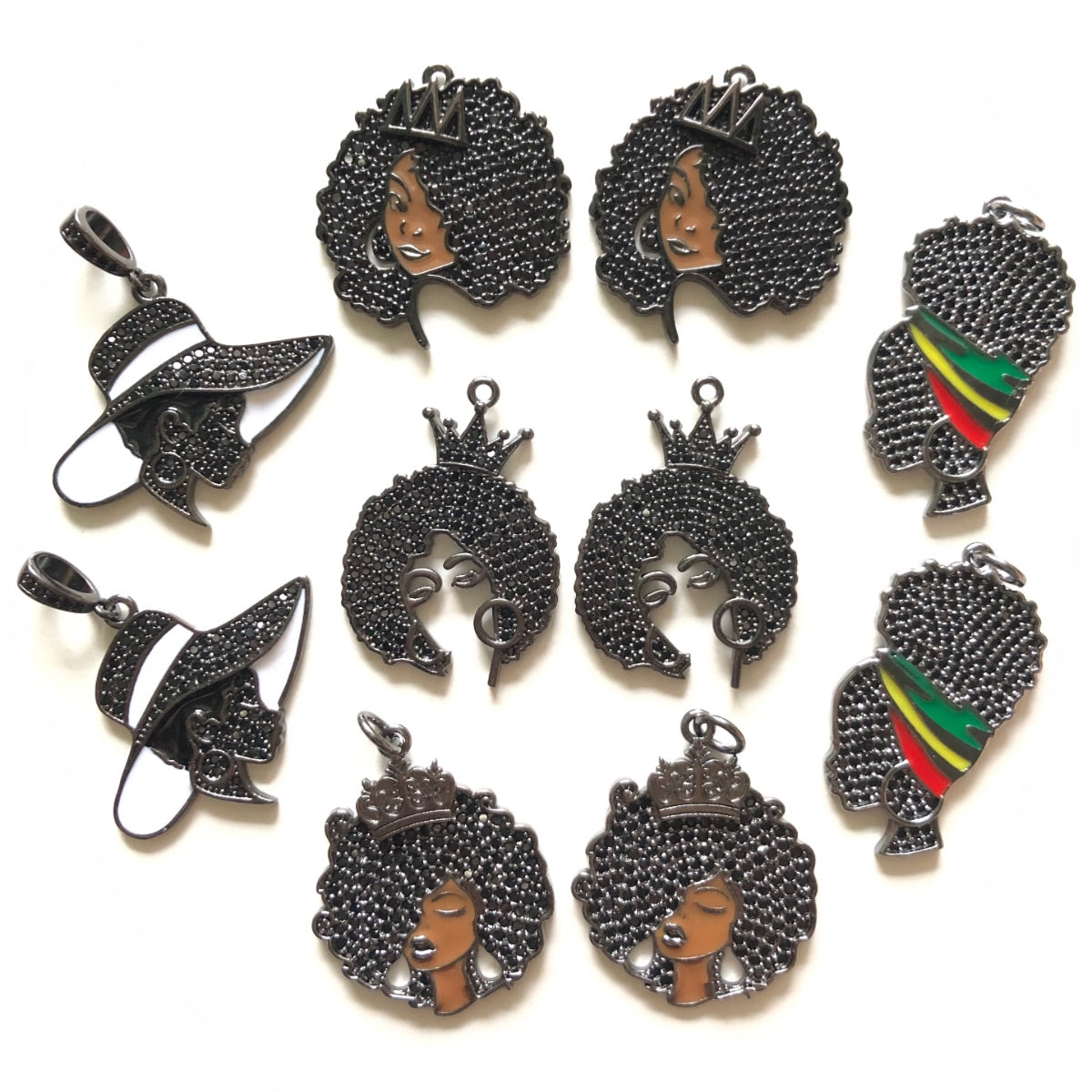 10pcs/lot Mix CZ Pave Afro Black Girl Charms Bundle 1-Black on Black CZ Paved Charms Afro Girl/Queen Charms Mix Charms Charms Beads Beyond