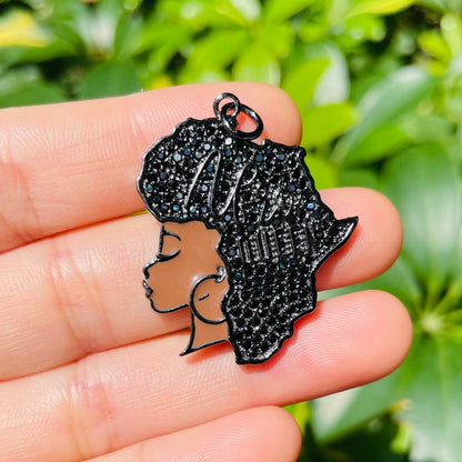 10pcs/lot 35*28mm CZ Paved Afro Queen Girl with Africa Map Hair Charms Black on Black CZ Paved Charms Afro Girl/Queen Charms New Charms Arrivals Charms Beads Beyond