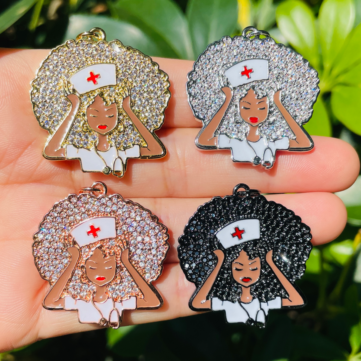 10pcs/lot 31*33mm CZ Paved Black Nurse Afro Girl Charms Mix Colors CZ Paved Charms Afro Girl/Queen Charms New Charms Arrivals Nurse Inspired Charms Beads Beyond