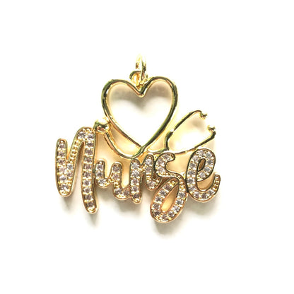 10pcs/lot 31.5*30mm CZ Pave Stethoscope Nurse Word Charms Gold CZ Paved Charms New Charms Arrivals Nurse Inspired Charms Beads Beyond