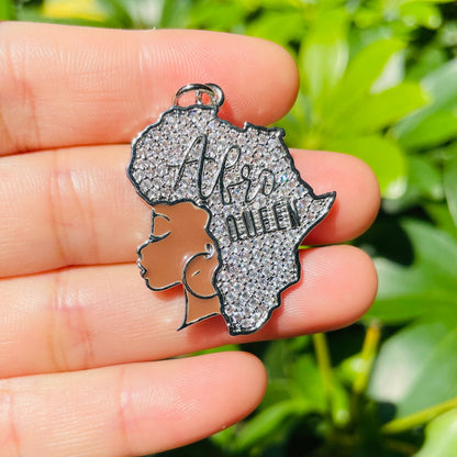 10pcs/lot 35*28mm CZ Paved Afro Queen Girl with Africa Map Hair Charms Silver CZ Paved Charms Afro Girl/Queen Charms New Charms Arrivals Charms Beads Beyond