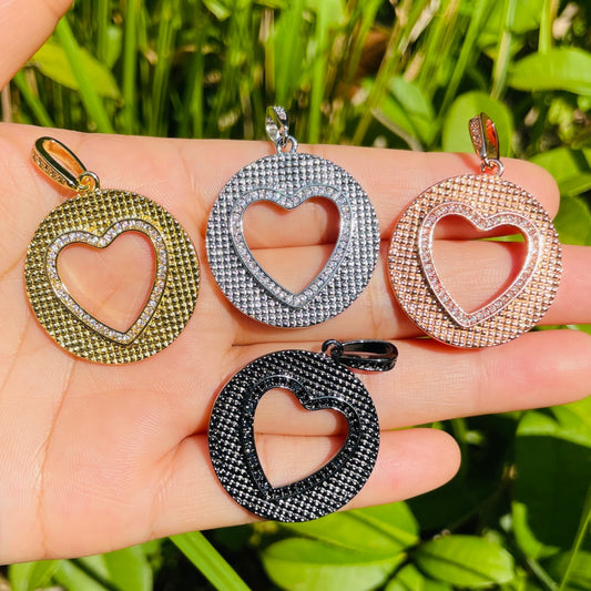 10pcs/lot 40*28.3mm CZ Pave Round Hollow Heart Charms Mix Colors CZ Paved Charms Discs Hearts On Sale Charms Beads Beyond