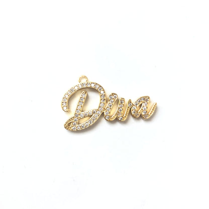 10pcs/lot 39*19mm CZ Paved DIVA Charms Gold CZ Paved Charms Words & Quotes Charms Beads Beyond