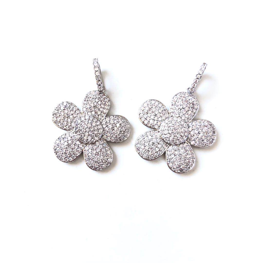 5pcs/lot 33*24mm CZ Paved Flower Charms Silver CZ Paved Charms Flowers Large Sizes On Sale Charms Beads Beyond