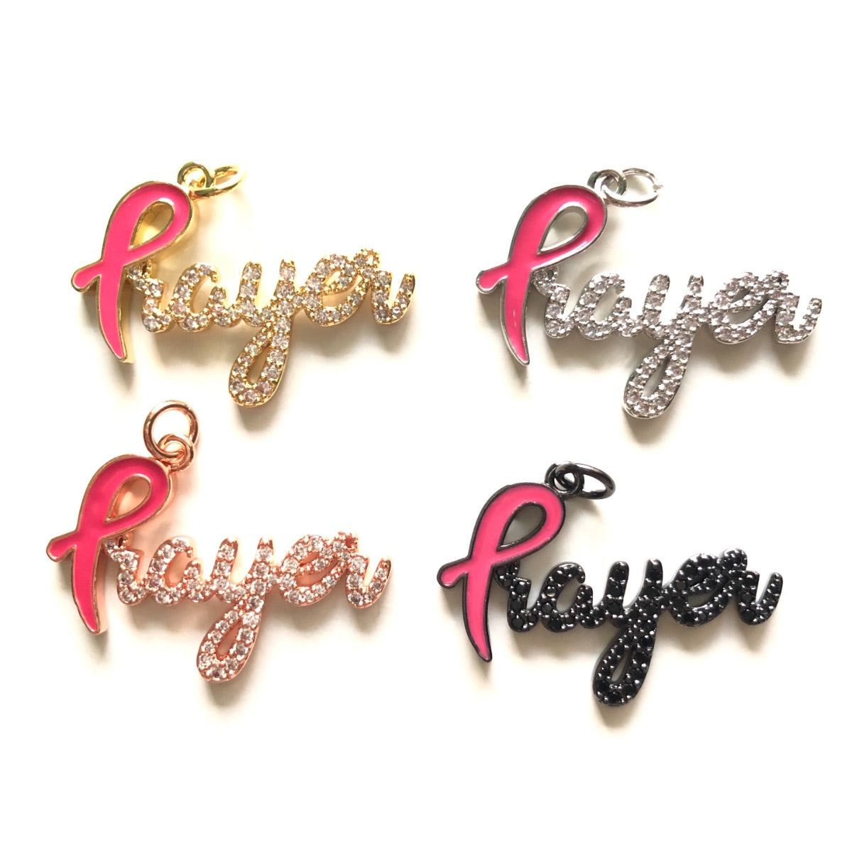 10pcs/lot CZ Paved Pink Ribbon Prayer Charms - Breast Cancer Awareness CZ Paved Charms Breast Cancer Awareness Charms Beads Beyond